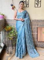 Burburry Sky Blue Festival Wear Sequins Work Saree